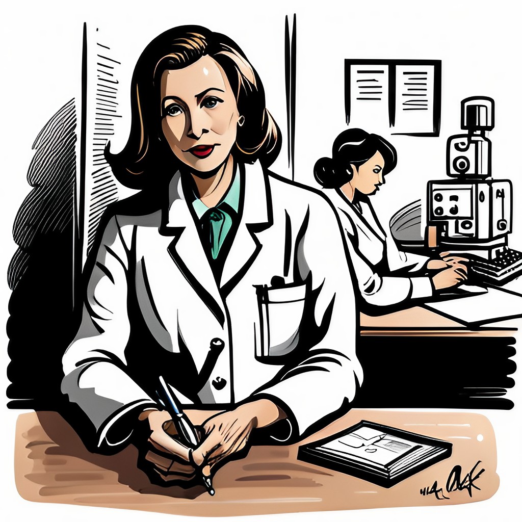 Two medical professionals working together to understand PCOS in a line art illustration.