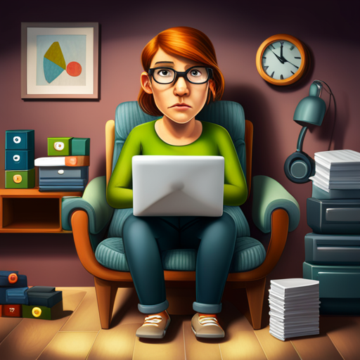 cartoon, Female on a computer with clutter